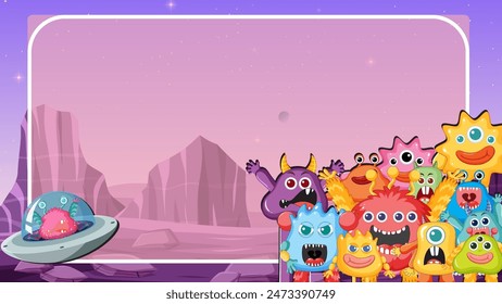 Group of cheerful aliens with spaceship