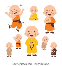 A group of cheerful Buddhist monks in different poses and emotions smiling happy jumping wearing orange robes