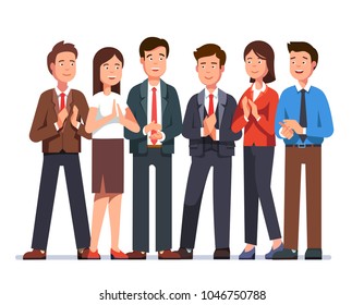 Group of cheerful business man & woman clapping hands at viewer. Smiling cheering business people team applauding with approval. Flat character vector illustration isolated on white
