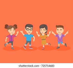 Group of cheerful caucasian children jumping and dancing. Four joyful boys and girls jumping and dancing. Childhood, healthy and active lifestyle concept. Vector cartoon illustration. Square layout.