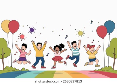 A group of cheerful children jumping with joy, surrounded by colorful balloons and confetti, set against a vibrant rainbow path.
