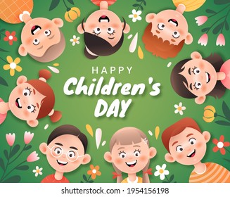 A group of cheerful children on a green background. World Children's Day. Colorful poster for childrens day. 