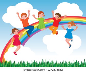 Group of cheerful children playing and jumping on the lawn