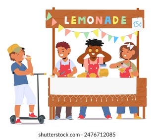 Group Of Cheerful Children Selling Lemonade At A Stand On A Summer Day. Kids Are Laughing And Having Fun While Making And Serving Lemonade To A Friend On A Scooter. Cartoon People Vector Illustration