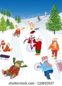 Group of cheerful children sledding and skiing. All objects are grouped.