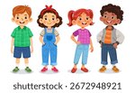 Group of cheerful children standing side by side, smiling happy on white background. Vector illustration