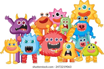 A group of cheerful, colorful cartoon monsters