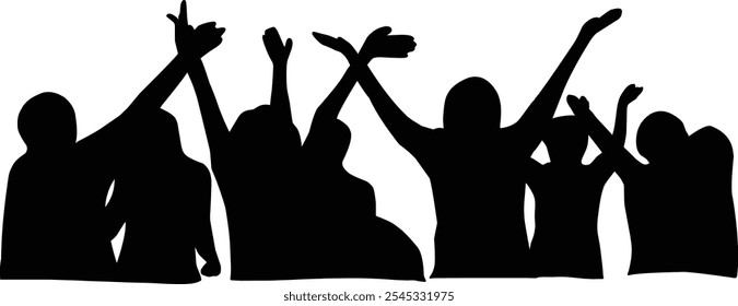 Group of cheerful crowds of people cheering applause. Party disco concert sport silhouette vector illustration