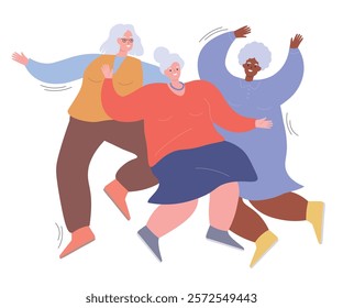 A group of cheerful dancing old ladies. Energetically moving positive grandmothers. Older women are full of energy. Vector flat graphics.