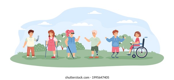 Group of cheerful disabled children playing together. Handicapped kids walking together and socialising, cartoon vector illustration isolated on white background.