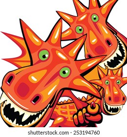 Group of a cheerful dragon. White background. The index finger is facing the viewer. White background. 