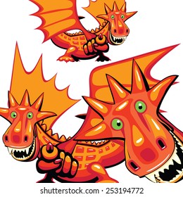Group of a cheerful dragon. White background. Index fingers pointing at the viewer. White background. 