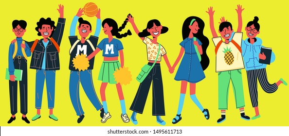 Group of cheerful emotional children teenagers friends full lengthare going holding hands waving smiling dancing playing basketball hold books. Set of school buddies. Vector flat stock illustration 