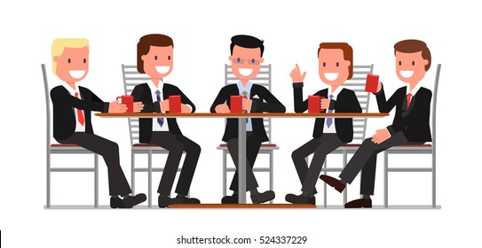 a group of cheerful friends, men, businessmen meeting, communicate, sitting at a table in the cafe, bar, restaurant, pub and drink coffee, tea. vector illustration, flat style. Isolated on a white bac