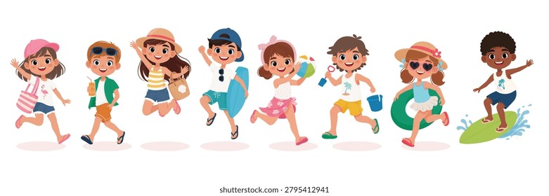 Group of cheerful, happy children jumping and rejoicing in summer. Vector illustration in cartoon style.