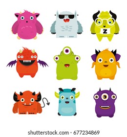 Group of cheerful illustrated monsters, illustration for children, merry, colorful monsters