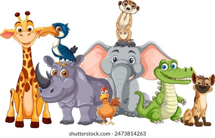 Group of cheerful jungle animals together