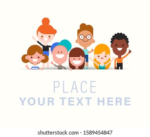 Group of cheerful kids character in flat design style isolated on white background with space for text. Diversity children with thumbs up gesture. Encouraging concept cartoon vector illustration.