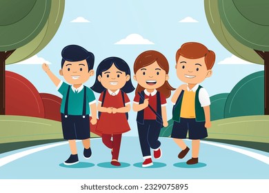 a Group of cheerful kids going to school Simple cartoon illustration