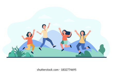 Group Of Cheerful Kids Playing Outdoors. Children Jumping And Having Fun Outside, Nature And Mountain Landscape In Background. Vector Illustration For Childhood, Party, Summer Vacation Concept