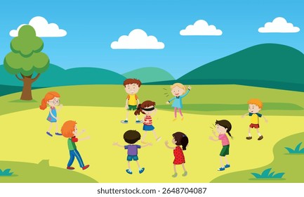 A group of cheerful kindergarten children playing together outdoors in a school playground on a sunny day.