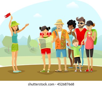 Group Of Cheerful Male And Female Tourists With Backpacks And Map During Tour Vacation With Young Woman Guide On Mountains And Trees Background Cartoon Vector Illustration