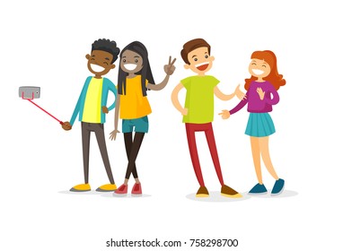 Group of cheerful multiethnic teenage friends taking a selfie photo with a smartphone. Young happy African and Caucasian people having fun and making selfie. Vector isolated cartoon illustration.