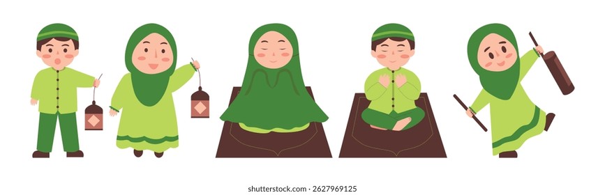 Group of cheerful Muslim children dressed in traditional clothing celebrating Islamic festivities. Representing the joy and togetherness of the community.