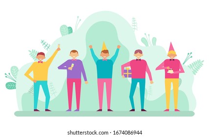 Group of cheerful people celebrating birthday party. Friends wearing cone hats, eating cake and drinking champagne. Festive mood, gift boxes vector