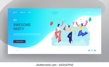 Group of Cheerful People in Festive Hats Holding Wine Bottle and Glasses Celebrating Birthday Party with Balloons and Confetti Website Landing Page, Web Page. Cartoon Flat Vector Illustration, Banner