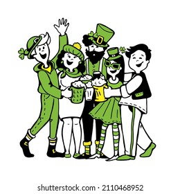 Group of cheerful people with green mugs of beer celebrating st patricks day