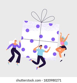 Group of cheerful people jumping around the big gift box. Giveaway and reward banner concept.