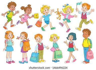 A group of cheerful schoolchildren in various poses. In cartoon style. Isolated on white background. Vector illustration.