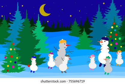 group of cheerful snowmen celebrate the Christmas holidays in the winter forest. EPS 10 vector illustration
