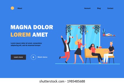 Group of cheerful students or happy friends dancing and having fun at home party in apartment. Vector illustration for night activity, leisure, celebration, birthday concept