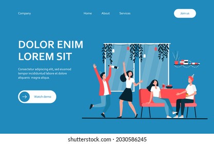 Group of cheerful students or happy friends dancing and having fun at home party in apartment. Vector illustration for night activity, leisure, celebration, birthday concept