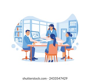 A group of cheerful students sat at a table in the library, discussing learning to write a document on a laptop. Students in the learning process. flat vector modern illustration