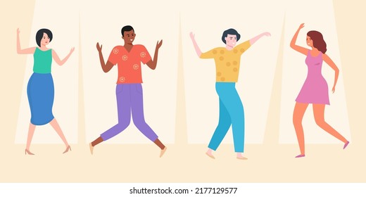 A group of cheerful young dancers are having fun at a party. Youth lifestyle concept. Flat vector illustration.