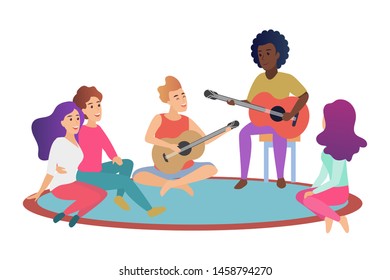 Group of cheerful young friends playing guitars and singing songs while spending time together in weekend cartoon vector illustration.