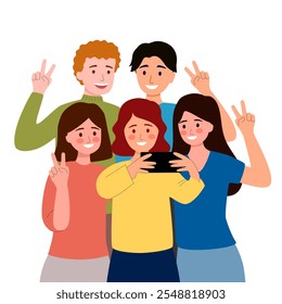 Grupo de jovens amigos alegres posando para uma selfie em design plano sobre fundo branco.