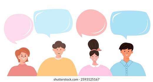 Group of cheerful young people talking and interacting.  friends chatting with speech bubbles. Perfect for communication, social interaction, and friendship concepts. Vector illustration.