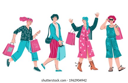 Group of cheerful young women enjoying shopping and sale prices. Women shoppers with shopping bags, cartoon vector illustration isolated on white. Happy buyers with purchases during sale.