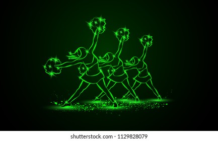 Group of cheerleaders dances with pom poms. Green neon cheerleading background for sporting poster event.