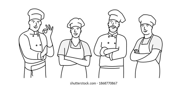 Group of chef with arms crossed. Man showing ok gesture. Hand drawn vector illustration.