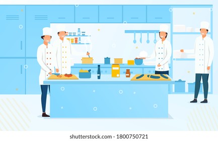 Group of chefs or cooks in a commercial kitchen preparing fresh food for sale, colored vector illustration