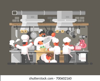 Grupo de cocineros cocinan en la cocina del restaurante. Ilustración del vector