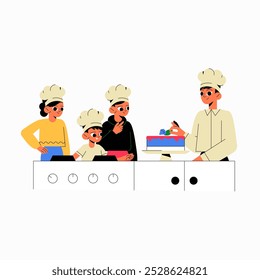 Group of chefs decorating cake in flat vector illustration symbolizing teamwork, culinary training, and cooking collaboration, isolated on white background.