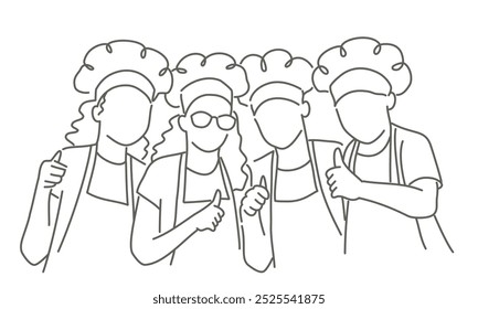 Grupo de chefs, niños están parados juntos y dando pulgares para arriba. Concepto de camaradería y trabajo en equipo entre los chefs. Ilustración vectorial dibujada a mano. Blanco y negro.