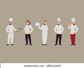 group of chefs with uniform in different poses vector illustration design