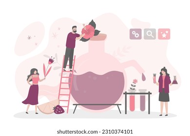 Group of chemists or perfumers create a new perfume fragrance.  Scientists creating natural oils essence, toilet water spray. People in laboratory making aromatic perfume, deodorant. flat vector